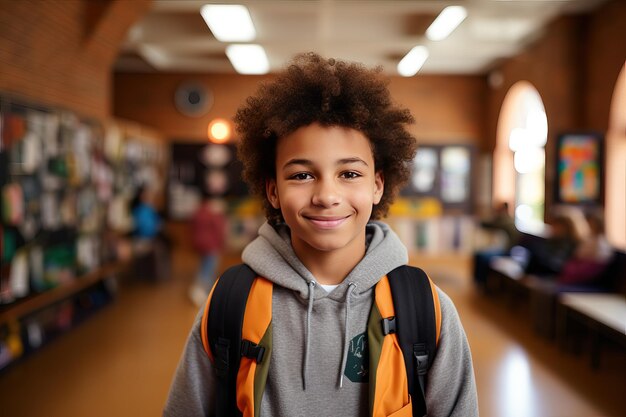 Foto glimlachende gemengde schooljongen in de schoolbibliotheek onderwijsconcert