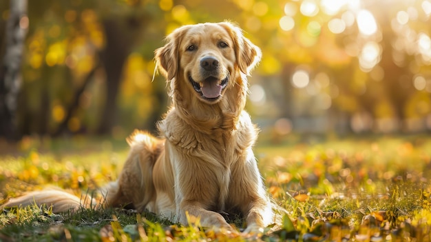Glimlachende Golden Retriever Hond Geniet van de zon in het herfstpark Warm Golden Hour Light