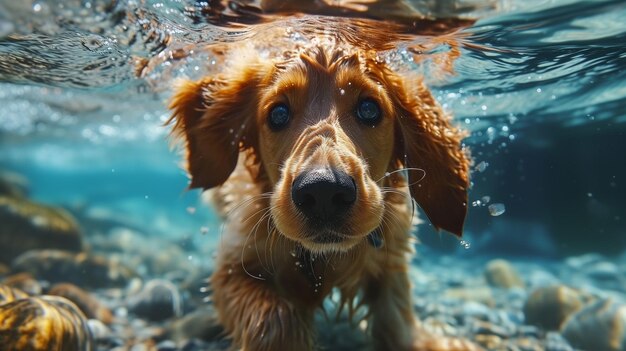 glimlachende golden retriever puppy zwemmen onder water