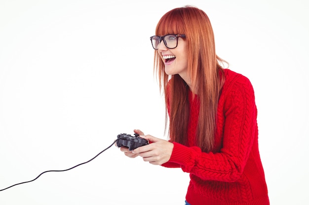 Foto glimlachende hipster vrouw het spelen videospelletjes