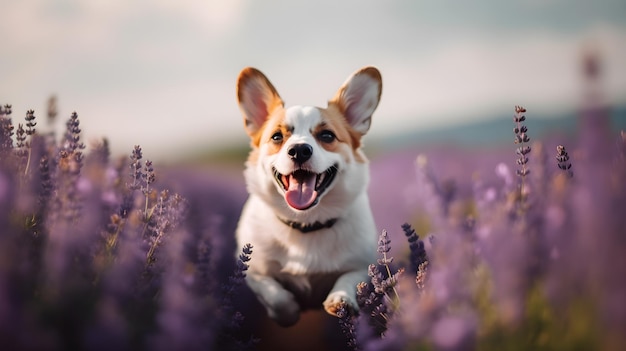 glimlachende hond die in het lavendelbloemveld loopt