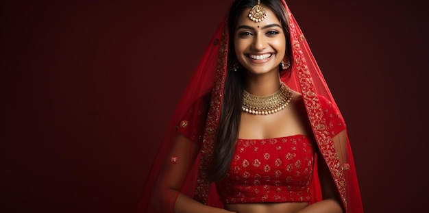 Glimlachende Indiase bruid die rode Lehenga en sieraden draagt