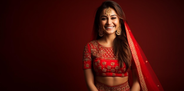 Glimlachende Indiase bruid die rode Lehenga en sieraden draagt