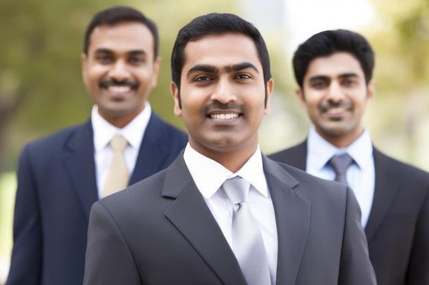 Foto glimlachende indiase zakenman die buiten staat met collega's gemaakt met generatieve ai