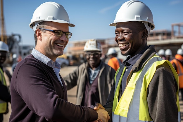 Glimlachende ingenieur hand in hand op de bouwplaats met gelukkige architect Handdruk tussen de Afrikaanse bouwmanager en zakenman op de bouwplaats