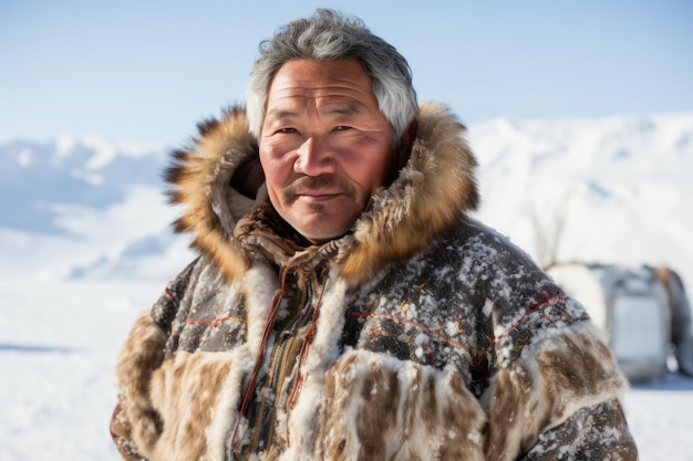 Glimlachende Inuit man in traditionele bontjas met sneeuwlandschap