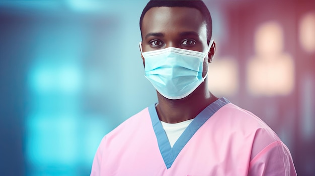 Glimlachende jonge Afrikaanse mannelijke chirurg die een masker draagt en camera roze achtergrond kopie ruimte banner bekijkt