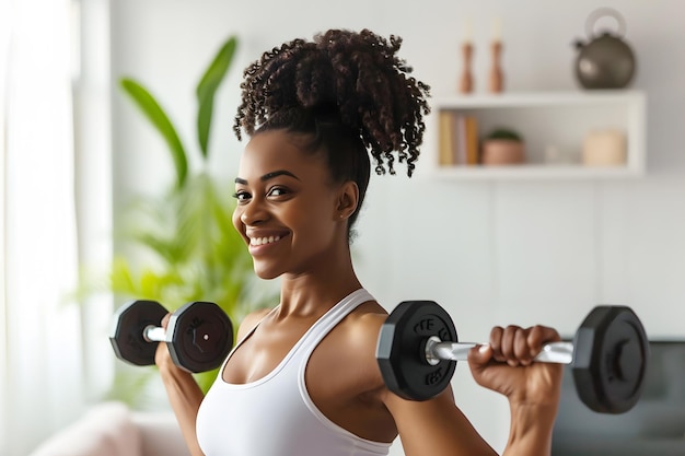 Glimlachende jonge Afro-Amerikaanse vrouw die comfortabel gewichten tilt