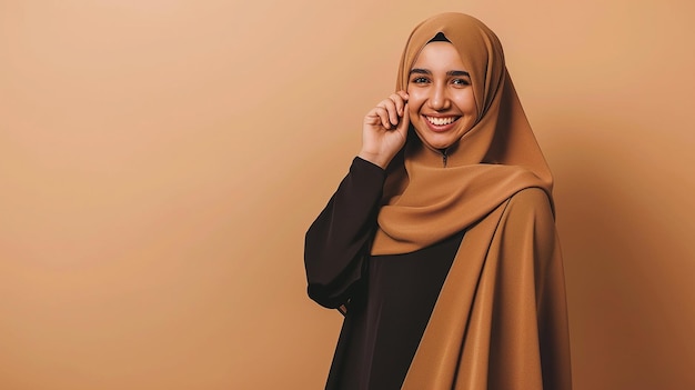 Glimlachende jonge Arabische moslimvrouw in hijab die poseert