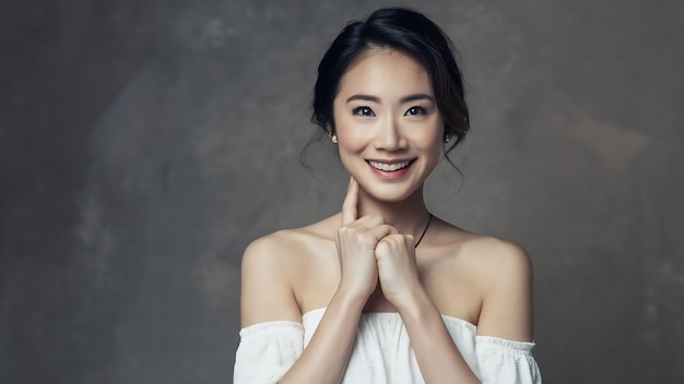 Glimlachende jonge Aziatische vrouw in een blouse met blote schouders die poseert in de studio