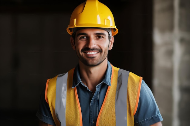 Glimlachende jonge blanke bouwvakker in veiligheidsgordel en oranje harde hoed