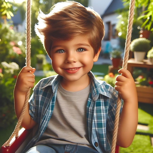 Glimlachende jonge jongen geniet van een vreedzame schommel in een weelderige achtertuin bij zonsondergang