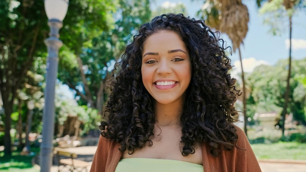 Glimlachende jonge Latijnse vrouw. Vreugde, positief en liefde. Mooi Braziliaans meisje.