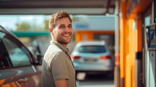 Glimlachende jonge man bij een carwash op een zonnige dag casual stijl levendige kleuren alledaags leven scenario ideaal voor lifestyle en automotive content AI