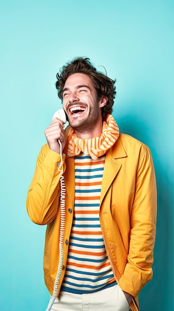 Glimlachende jonge man in oranje kleren en met een telefoon in de hand