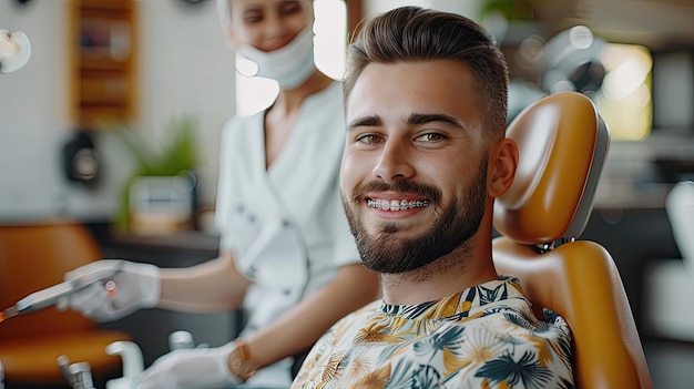 Glimlachende jonge man met beugels bij de tandarts van de tandheelkundige kliniek op de achtergrond