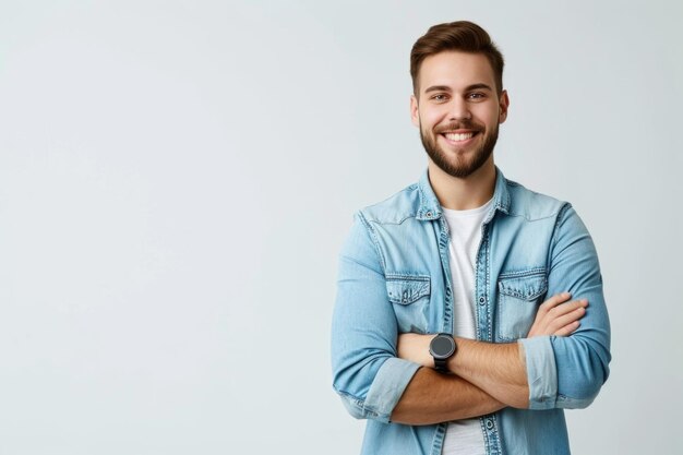 Foto glimlachende jonge man met slim horloge geïsoleerd