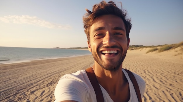 Glimlachende jonge man op zomervakantie op het strand