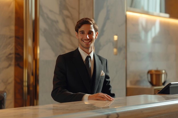 Foto glimlachende jonge manager in een elegant hotel