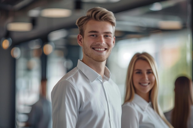 Glimlachende jonge persoon die samen staat portret van personeel binnen moderne JOB glimlachend naar de camera