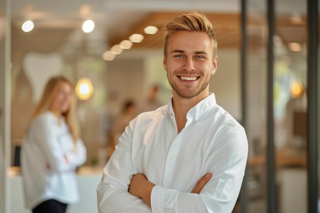 Glimlachende jonge persoon die samen staat portret van personeel binnen moderne JOB glimlachend naar de camera