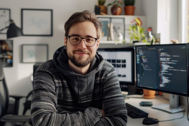 Glimlachende jonge programmeur die recht in de camera staart terwijl hij aan zijn bureau zit