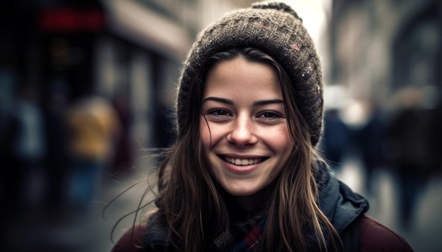 Glimlachende jonge vrouw buiten kijkt naar een camera gegenereerd door kunstmatige intelligentie