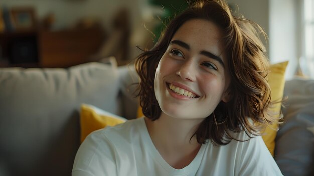 Glimlachende jonge vrouw geniet van een gezellig moment thuis casual stijl oprechte emoties gevangen perfect voor lifestyle marketing AI