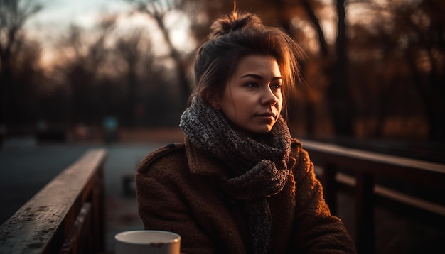 Glimlachende jonge vrouw geniet van koffie in de herfststad gegenereerd door kunstmatige intelligentie