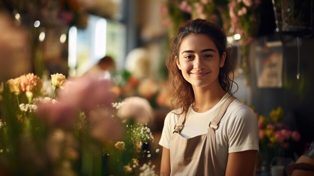 Glimlachende jonge vrouw in een schort ondernemer eigenaar van een bloemenbedrijf Portret van een vrouwelijke werknemer die in een winkel staat met bloemen kopieerruimte