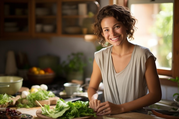 Foto glimlachende jonge vrouw in haar keuken