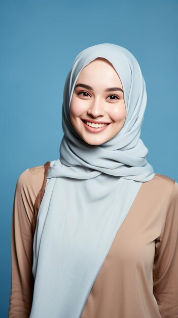 glimlachende jonge vrouw in hijab die tegen een blauwe achtergrond staat