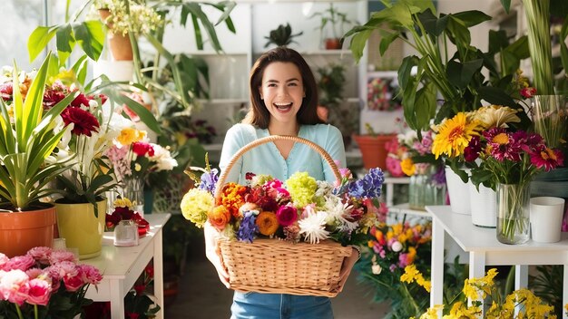 Glimlachende jonge vrouw met een mandje bloemen in een bloemenwinkel