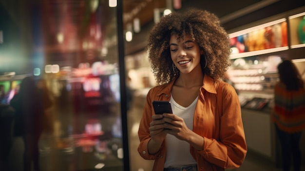 Glimlachende jonge vrouw met een slimme telefoon die boodschappen doet in de supermarkt