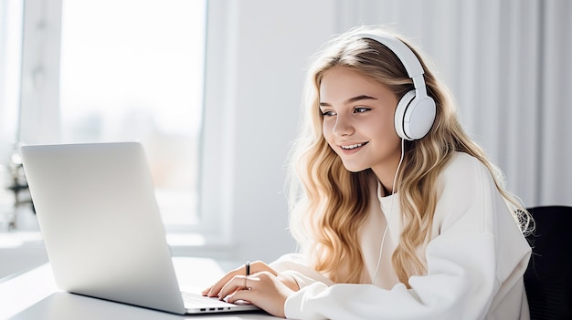 Glimlachende jonge vrouw met koptelefoon met laptop omringd door zacht natuurlijk licht binnen