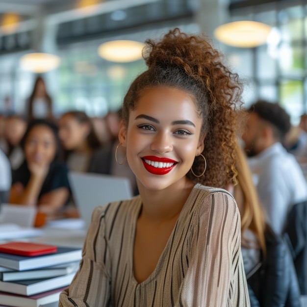 Foto glimlachende jonge vrouw met krullend haar en rode lippenstift zit in een bibliotheek