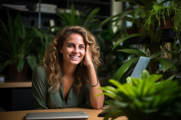 Glimlachende jonge vrouw met krullend haar zit aan een bureau in een groen kantoor