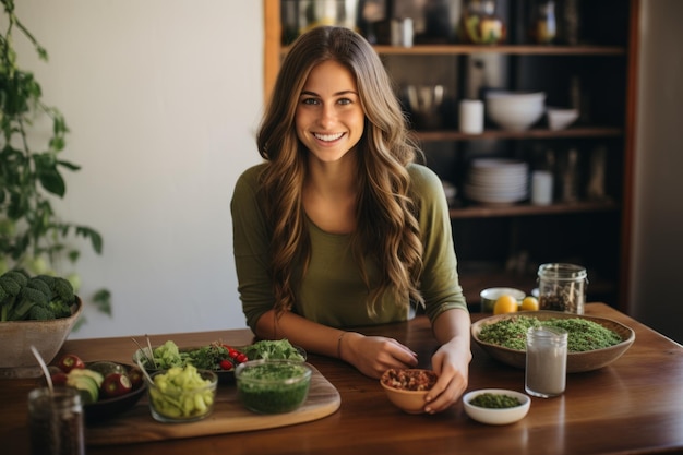Foto glimlachende jonge vrouw met lang bruin haar die in een keuken staat met een houten tafel vol gezond eten