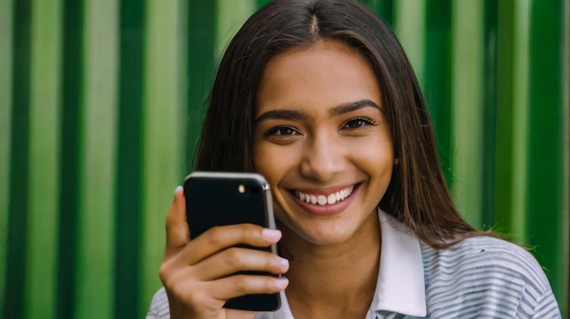 Glimlachende jonge vrouw met mobiele telefoon op een groene achtergrond