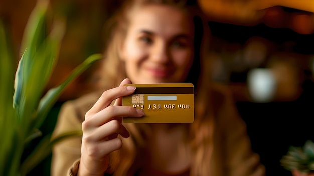 Foto glimlachende jonge vrouw presenteert een creditcard focus op kaart casual en moderne financiële levensstijl ideaal voor bank- en commerciële marketing ai