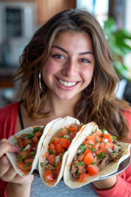 Foto glimlachende jonge vrouw presenteert zelfgemaakte taco's in een heldere keukenomgeving