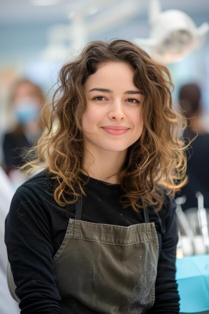 Foto glimlachende jonge vrouwelijke barista in een koffieshop met schort trendy kapsel stedelijke café omgeving