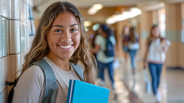 Glimlachende jonge vrouwelijke student die boeken draagt in de gang van een middelbare school tiener met een rugzak die geniet van het schoolleven onderwijs leren en positieve studentenervaring AI