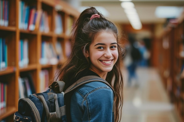 Glimlachende jonge vrouwelijke student met rugzak die in het gangpad van de bibliotheek staat