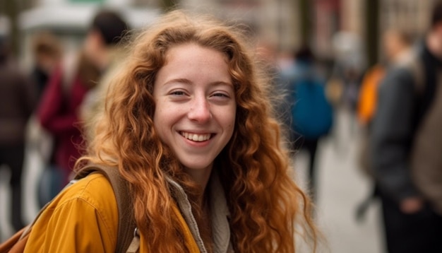 Glimlachende jonge vrouwen die in de stad lopen en genieten van vriendschap en de natuur gegenereerd door AI