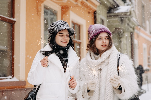 Glimlachende jonge vrouwen die warme de winterkleding dragen chatten