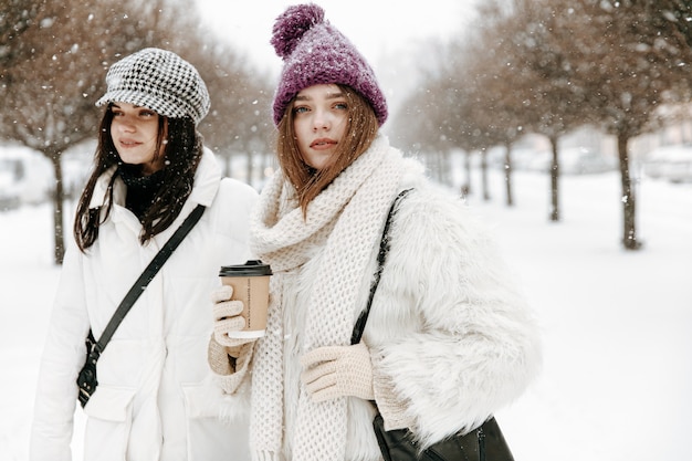 Glimlachende jonge vrouwen die warme de winterkleding dragen chatten