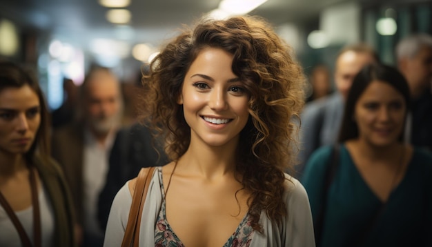 Glimlachende jonge vrouwen kijken naar camera geluk binnen gegenereerd door kunstmatige intelligentie