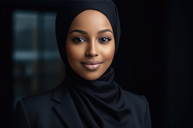 Glimlachende jonge zwarte onderneemster die een hijab draagt