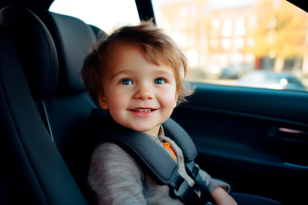 Glimlachende jongen in autozetel vastgebonden in kinderzetel